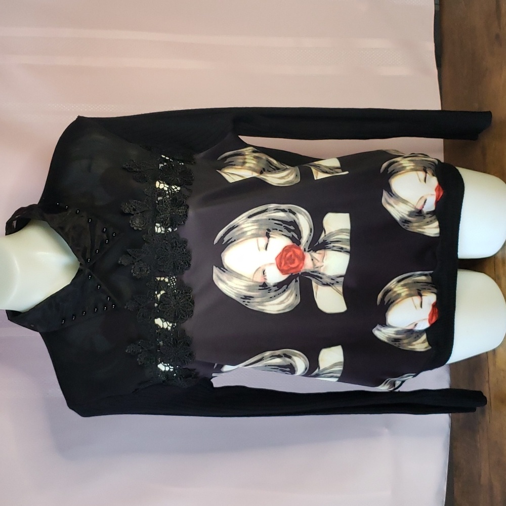 Shiny black long sleeve top w sheer beaded doily collar, faces & roses p…